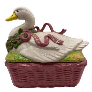 Vintage Ceramic Christmas Goose Lidded Basket/Cookie Jar/Candy Dish/Trinket Box